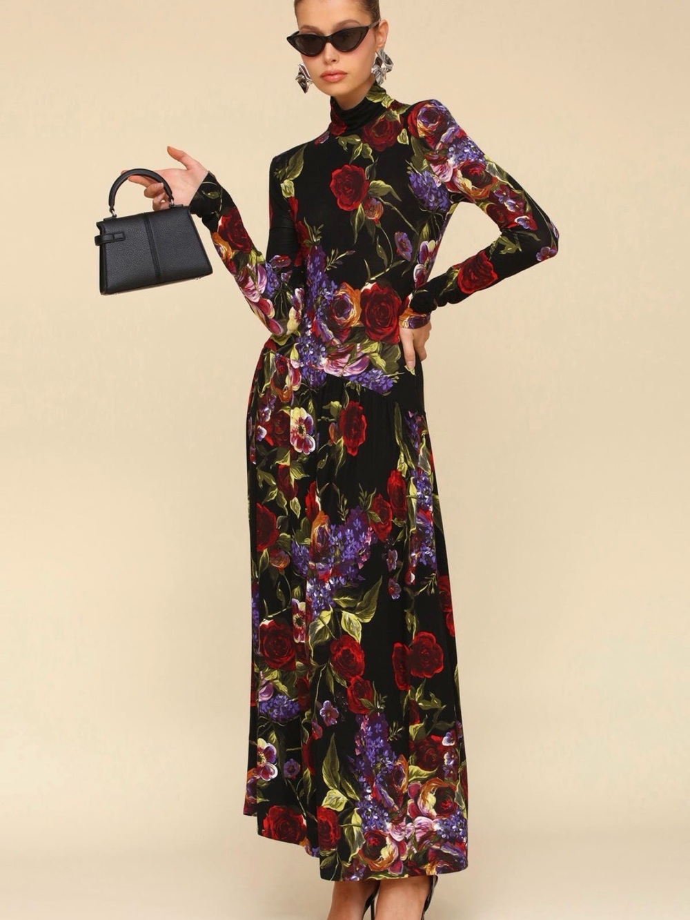 Avec Les Filles Floral High-Neck Drop Waist Long Sleeve Maxi Dress Size 6